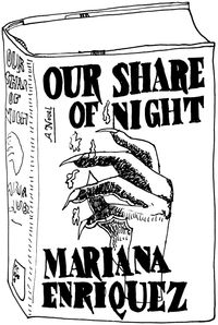 Black and white line drawing of the cover of “Our Share of Night”
