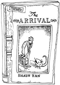 Black and white line drawing of the cover of “The Arrival”