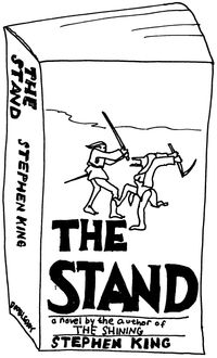 Black and white line drawing of the cover of “The Stand”