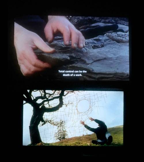 Two stills from the film Rivers and Tides: a close up of a hand holding a rock, and a medium shot of Goldsworthy assembling a hanging lattice of reeds